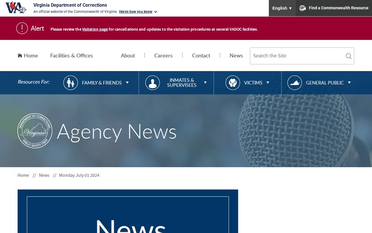 VADOC closure notice for Augusta Correctional Center release records