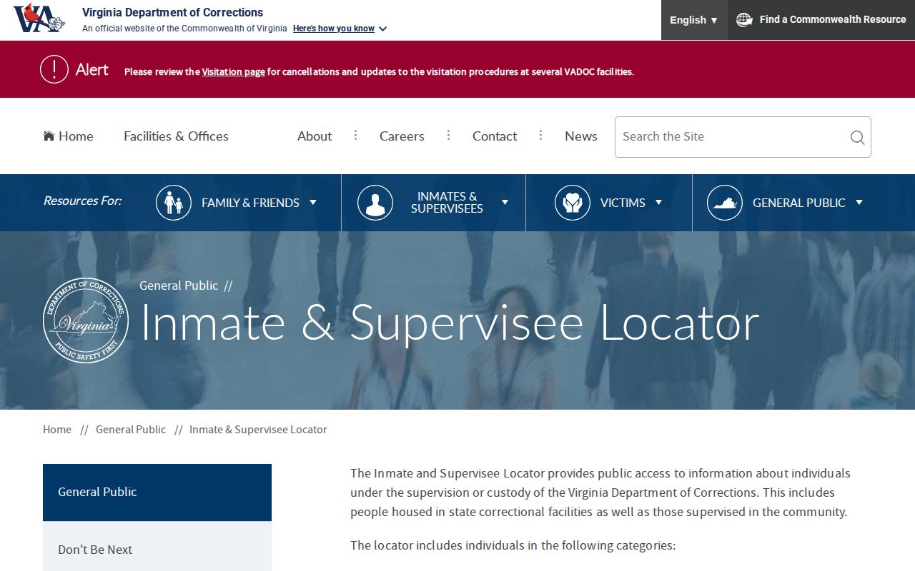 Augusta County VADOC released inmate locator search form