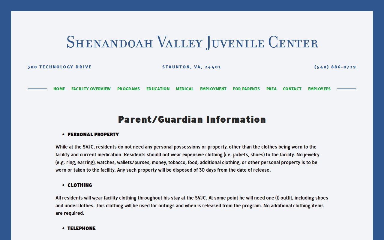 Shenandoah Valley Juvenile Center confidential release information for Augusta County