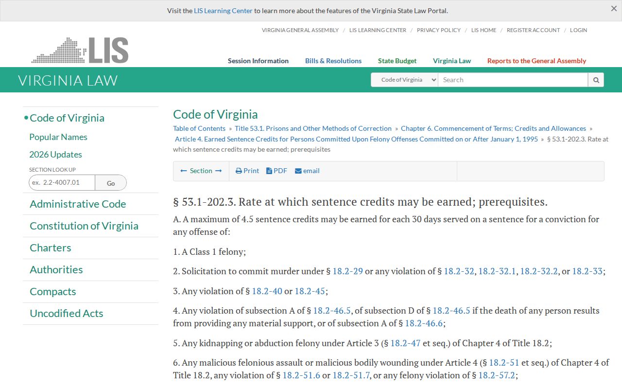 Virginia earned sentence credit rates for Augusta County release date lookup