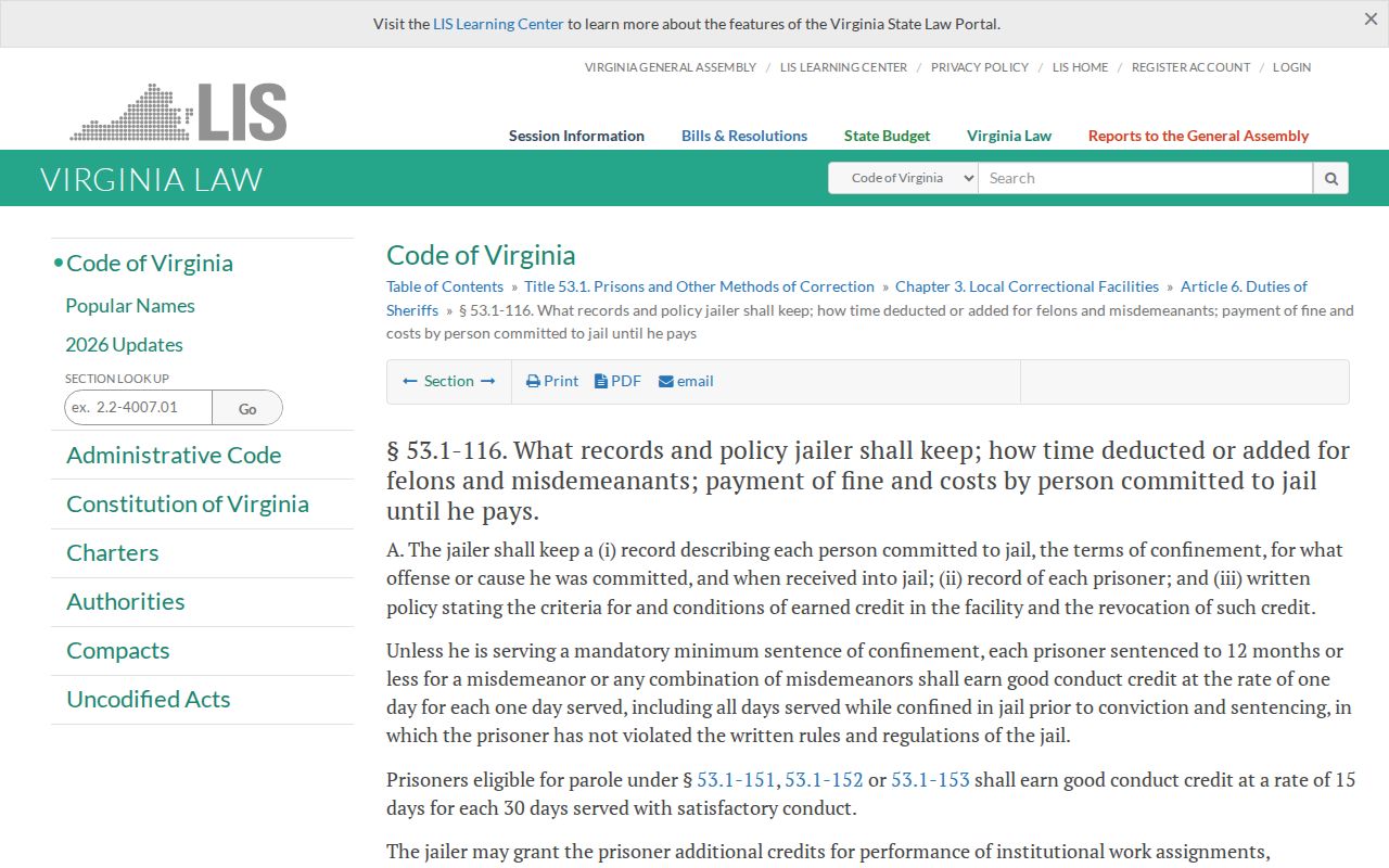 Virginia local jail credit law for an Augusta County release date